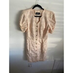 All That Jazz Pink Brocade Button Front Puff Sleeve Sheath Dress Size 7/8